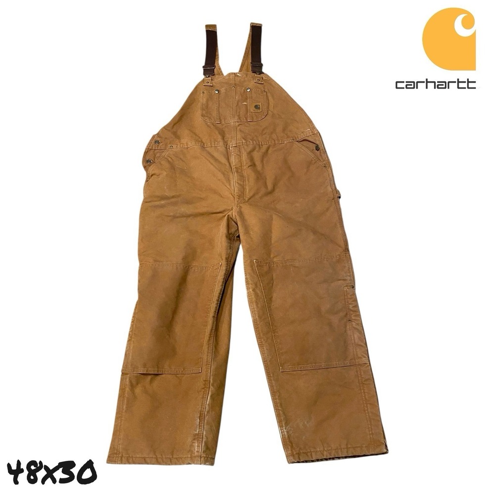 VTG Carhartt Overalls Mens 48x30 Brown Bib‎ Double Knee Quilt Lined Workwear R27